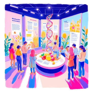 An educational exhibit features several display panels outlining various applications of "genetic modification." Each panel includes detailed illustrations of modified crops, such as "golden rice" with its enhanced vitamin content, "Bt cotton" designed to resist pests, and "herbicide-resistant soybeans." Interactive screens allow visitors to learn about the benefits and challenges of genetic engineering. In the center of the exhibit, a large model of a DNA double helix visually represents the structure and function of genes. The lighting is bright, enhancing the colors of the graphics and text on the panels. A group of visitors is engaged, reading and discussing the information presented.