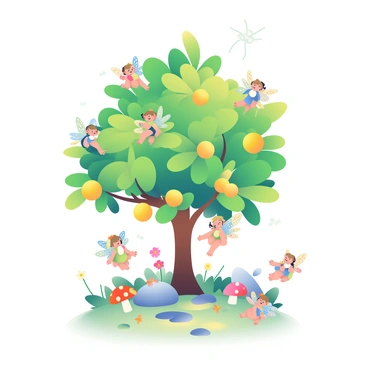 A tiny fairy garden is filled with vibrant greenery and delicate flowers. In the center stands a miniature grusha tree with lush green leaves and small, yellow fruits hanging from its branches. Surrounding the tree are tiny fairy creatures, each with colorful wings and intricate patterns. Some fairies are perched on the branches of the tree, while others are exploring the garden among the flowers. Small toadstools and pebbles create a whimsical pathway throughout the garden, and a gentle breeze rustles the leaves, adding a sense of enchantment to the scene.