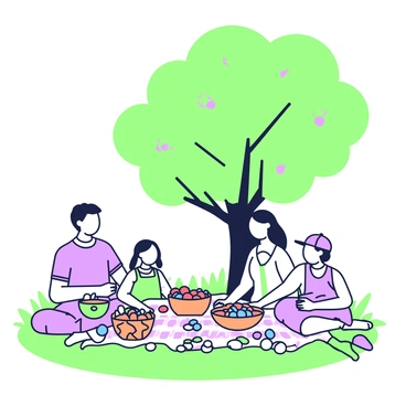 A family is gathered under a large tree, enjoying a feast of freshly gathered berries and nuts. The family consists of four members: a father with short hair, wearing a casual shirt, a mother with long hair, dressed in a comfortable dress, a young girl with braids, and a boy with a baseball cap. They are seated on a picnic blanket spread on the grass. In front of them, there is a wooden bowl filled with assorted berries, including red and blue varieties, and a smaller bowl filled with various nuts. Nearby, a basket is filled with more berries and nuts. Sunlight filters through the tree's leaves, creating dappled shadows on the ground.