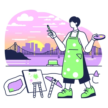 An artist is standing on a rooftop, focusing intently on a breathtaking view of the San Francisco skyline. The artist is wearing a paint-splattered apron and holding a brush in their right hand, with a palette in their left hand. Below them, the city’s iconic Golden Gate Bridge stretches across the bay. The sky is filled with vibrant hues as the sun sets, casting a warm glow over the buildings. In the foreground, there are art supplies scattered around, including tubes of paint and a canvas set up on an easel. The artist's expression shows concentration as they work to capture the beauty before them.