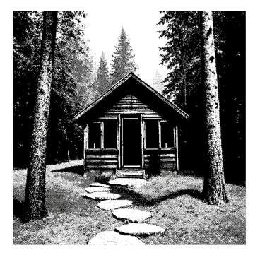 An abandoned cabin stands in the woods, surrounded by tall trees with rough bark and dense foliage. The cabin has broken windows, with shards of glass scattered around the base. The wooden structure shows signs of age, with peeling paint and weathered boards. A twisted path, composed of uneven stones and overgrown grass, leads towards the door, which hangs slightly ajar. Shadows cast by the trees create a stark contrast against the cabin.