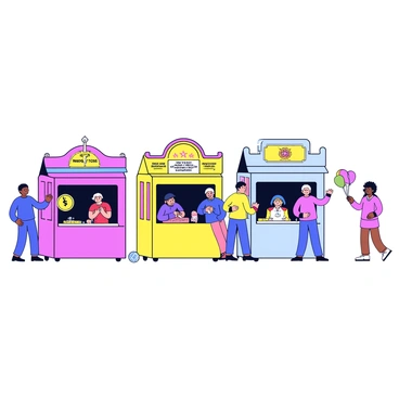 A row of classic fairground games is displayed, featuring colorful booths with vibrant signs. Each booth has people engaged in various games, including a ring toss, a shooting gallery, and a dart game. Players are focused, taking their turns, while others cheer them on. Prizes such as stuffed animals and colorful balloons are visible on display. The scene captures the excitement of the fair, with bright colors and lively interactions among players and onlookers.