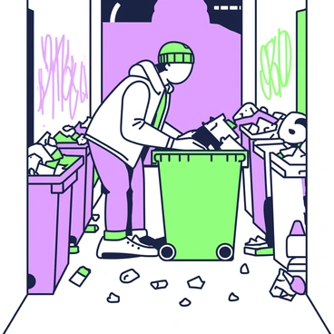 A person is bent over a trash bin in a narrow alley, rummaging through the contents. The person is wearing a worn jacket and a beanie, with their hands inside the bin, sifting through discarded items. Around them, various trash bins are positioned along the sides of the alley, each overflowing with debris. The walls of the alley are lined with graffiti, adding texture to the scene. A few empty cardboard boxes are scattered on the ground, along with bottles and crumpled papers. In the background, a dim light source casts shadows, contributing to the atmosphere of the alley.