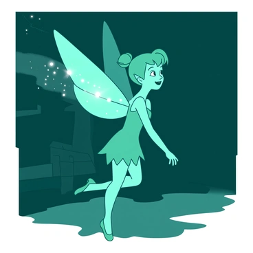 A teal Tinkerbell is floating gracefully in a darkened corner of a room. Her delicate wings are shimmering with a soft, ethereal glow, illuminating the surrounding shadows with a warm light. Tinkerbell's face displays a joyful expression, and she is surrounded by a faint sparkling dust that gently drifts through the air. In the background, there are hints of furniture, but the focus remains on the glowing fairy, creating a magical atmosphere.