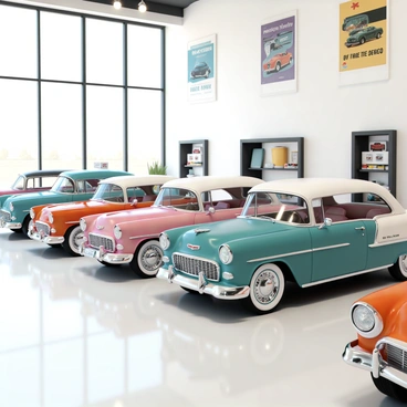 A stylish showroom filled with vintage American cars, showcasing a variety of models from the mid-20th century. Each car has shiny chrome accents glistening under the showroom lights. The floor is polished to a high sheen, reflecting the vibrant colors of the cars. In the background, there are sleek display stands with automotive memorabilia, and large glass windows allow natural light to illuminate the space. The walls are adorned with framed vintage advertisements and posters related to classic cars.