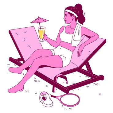 A pink tennis player wearing a white sports outfit is sitting on a wooden lounge chair at a country club. The player has a towel draped around their neck and is casually resting one arm on the chair's armrest. In their hand, they are holding a tall glass filled with a vibrant yellow drink, adorned with a small paper umbrella. The background features a well-kept lawn and a glimpse of a tennis court in the distance. A tennis racket lies beside the chair, and a pair of white tennis shoes are placed on the grass nearby.