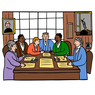 A historic scene depicting an official signing ceremony of the Missouri Compromise. Several men with light skin, dressed in 19th-century formal attire, are gathered around a large wooden table. They are using quill pens to sign on large sheets of parchment. The expressions on their faces reflect seriousness and determination. The table is adorned with ink pots and more parchment, and in the background, there are tall windows allowing natural light to illuminate the room. The walls are decorated with framed portraits and elegant woodwork, giving a sense of a formal and important event.