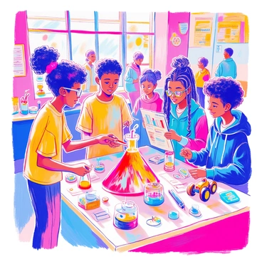 A group of African American students is gathered around a table displaying their science projects at a school science fair. Each project is vibrant and colorful, showcasing various experiments and models. One student, wearing a bright yellow t-shirt, is explaining their volcano model that erupts with a red liquid. Another student, wearing glasses and a blue hoodie, is presenting a poster about renewable energy with diagrams and charts. A third student, with braided hair, is demonstrating a simple robot made from recycled materials. The students have expressions of excitement and concentration, engaging with curious classmates and teachers nearby. Brightly colored decorations and banners are visible in the background, contributing to the lively atmosphere of the event.