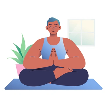 A person with light brown skin is sitting cross-legged on a yoga mat, practicing breathing exercises. They are wearing a fitted blue tank top and black yoga pants. Their eyes are closed, and their hands are resting on their knees, palms facing up. The person's expression is calm and focused, with a slight smile on their lips. In the background, there are green plants and a soft, natural light coming from a nearby window, creating a peaceful atmosphere. A gentle breeze is rustling the leaves, suggesting a connection to nature and fresh air.