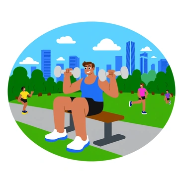 A person with short brown hair is performing a “dumbbell chest press” on a bench at an outdoor park gym. The individual is wearing a bright blue tank top and black shorts, showcasing an athletic build. In their hands, they hold a pair of silver dumbbells. The park gym is surrounded by green trees and grass. In the background, there is a vibrant city skyline with tall skyscrapers, some featuring glass windows reflecting sunlight. The sky is clear with a few fluffy white clouds scattered throughout. A nearby path has a couple of joggers in motion, adding life to the scene.
