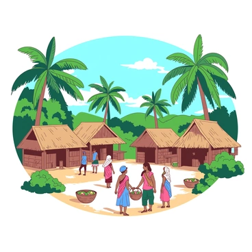A picturesque village with traditional local huts made of wood and palm leaves is situated among tall green palm oil trees. The huts are scattered throughout the village, each featuring thatched roofs and vibrant colors. In the foreground, there are several local people dressed in traditional clothing; some are engaged in conversation, while others are carrying baskets filled with fruits. The sunlight filters through the palm leaves, casting dappled shadows on the ground and creating a warm atmosphere. In the background, a clear blue sky adds to the serene setting, complementing the lush greenery of the palm oil trees.