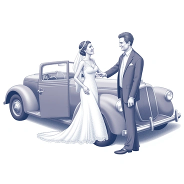 A bride in a wedding dress is stepping out of a vintage car. She is holding the door with one hand while her other hand is resting on the car's exterior. Her father stands beside her, looking proud, with one hand on the door and the other on her back, offering support. The vintage car has an elegant design, featuring round headlights and a shiny chrome grille. The bride's dress flows elegantly to the ground, with intricate lace detailing and a long train. The setting suggests an outdoor venue, with hints of greenery in the background.