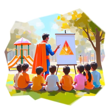 A comic book hero with a bright costume featuring bold colors stands in a sunny park surrounded by a group of curious children. The hero has a confident stance with one hand raised, illustrating a concept, while the other hand points towards a colorful diagram of the "fire triangle" displayed on a large poster beside them. The children, a diverse group of boys and girls with varying hairstyles and clothing, listen attentively and look eager to learn. The park features green grass, trees in the background, and a playground visible in the distance, creating a vibrant and engaging atmosphere.
