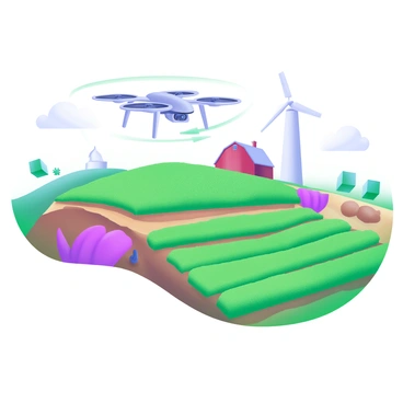 A large farm is depicted from a bird's-eye view, showcasing expansive green crop fields organized in neat rows. In the sky, a sleek drone is flying gracefully, equipped with sensors and cameras, analyzing the fields below. The vibrant hues of the crops contrast with the earthy tones of the farmland and occasional patches of soil. Nearby, there are farm structures, such as a red barn and a windmill, complementing the rural landscape. The scene captures the interaction between technology and agriculture, with the drone clearly in focus, surveying the lush fields.