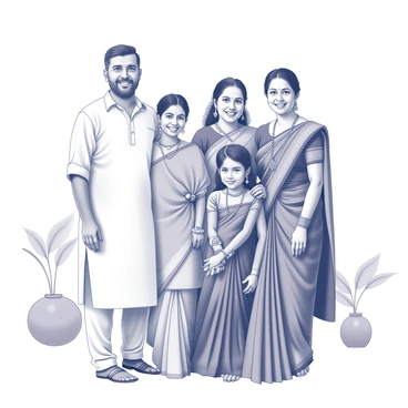 A happy family posing for a group photo, with each member dressed in traditional South Indian wedding attire. The men are wearing white dhotis and elegant silk shirts, while the women are adorned in colorful kanjivaram sarees, showcasing intricate patterns and designs. The family stands closely together, with smiles on their faces. In the background, there are decorative elements typical of a wedding, such as garlands and a traditional mango leaf decoration. The overall atmosphere conveys joy and celebration.