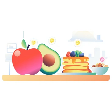 A variety of foods is arranged on a wooden table. In the center, there is a large, ripe apple, red and shiny. Next to it, a sliced avocado reveals its creamy green interior. A plate holds a stack of golden pancakes drizzled with syrup and topped with fresh berries. To the side, a bowl of mixed nuts displays almonds, walnuts, and cashews. Each food item has a small "ATP" icon next to it, symbolizing energy release during digestion. The background shows a faint outline of a kitchen, adding context to the scene.