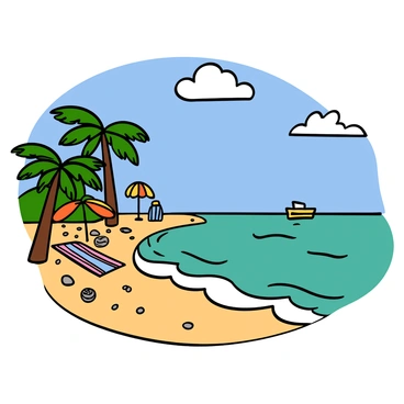 A peaceful tropical beach scene with soft, golden sand and gentle waves lapping at the shore. The water is a vibrant turquoise, reflecting the clear blue sky. Palm trees with lush green leaves arch over the beach, providing a sense of serenity. Small seashells and pebbles are scattered across the sand. In the distance, a few distant boats float on the water, and fluffy white clouds drift lazily in the sky. Brightly colored beach towels and umbrellas are seen dotting the shoreline, inviting relaxation.