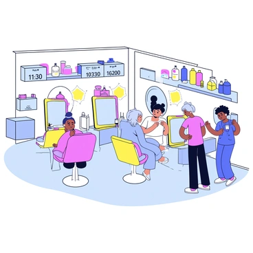 A beauty salon interior featuring several stations for quick beauty services. Each station is equipped with a sleek mirror and a comfortable chair. On the wall, there is a digital timer displaying the countdown for each beauty service, with bright numbers indicating the remaining time. The salon has a modern design with clean lines and a bright color palette, making it inviting and efficient. Various beauty products are neatly arranged on shelves, and a friendly technician can be seen attending to a client at one of the stations.