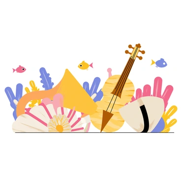 An orchestra of musical instruments creatively crafted from different shells is depicted. The scene features a variety of instruments, including a shell trumpet with a spiraled design, a shell violin made from an intricately patterned conch, and a shell drum with a smooth surface and rim. Each instrument showcases unique textures and colors, ranging from shiny mother-of-pearl to rough, weathered surfaces. In the background, vibrant coral formations add depth to the scene, while small fish swim around, observing the unusual orchestra.