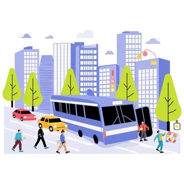 A blue city bus with large windows and a bold white stripe is navigating through a crowded downtown area. The bus is surrounded by various vehicles, including a red sedan and a yellow taxi. In the background, tall buildings with glass facades and colorful advertisements tower above the street. Pedestrians in casual clothing are walking along the sidewalk, some stopping to look at a street performer who is juggling colorful balls. Trees line the street, providing patches of green amidst the urban environment. Clouds dot the blue sky, suggesting a bright day.