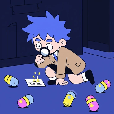 A detective gacha character with spiky blue hair and wearing a classic trench coat is crouched down, examining a clue on the ground. The character has large expressive eyes and is holding a magnifying glass. Surrounding the detective are various hidden capsules scattered among the shadows, each capsule brightly colored with distinct patterns. The setting includes dark alleyways and dimly lit corners, creating an atmosphere of intrigue. A faint glow emanates from one of the capsules, adding to the mystery of the scene.