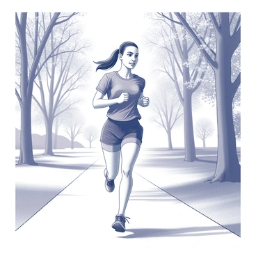 A woman named "Anjelica" is jogging in a park. She is dressed in a sporty outfit that includes a fitted t-shirt and athletic shorts, complemented by running shoes. "Anjelica" has her hair pulled back into a ponytail. The park is filled with "trees" that provide dappled shade along the jogging path. Sunlight filters through the leaves, casting interesting shadows on the ground. The scene captures a lively, energetic atmosphere as "Anjelica" maintains a steady pace.