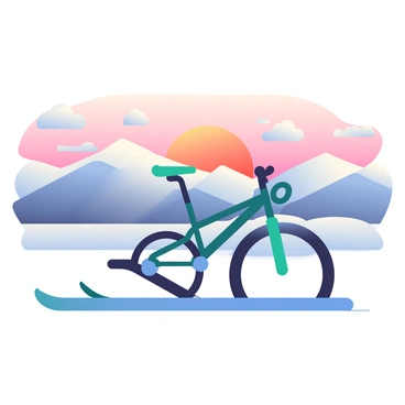 A ski bike silhouette is positioned prominently in the foreground. The ski bike features a streamlined frame and wide skis attached to the front and rear. In the background, a breathtaking wintry sunrise unfolds with a gradient of soft pinks, oranges, and purples illuminating the sky. The horizon is dotted with snow-covered mountain peaks, catching the early light. Fluffy clouds are scattered across the sky, reflecting the vibrant colors of the sunrise. The snow-covered ground creates a smooth, white expanse, adding to the overall serene winter atmosphere.