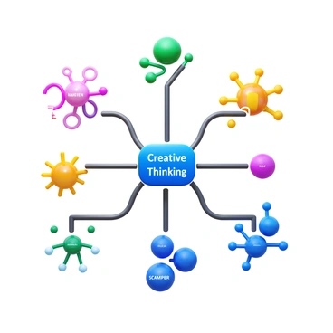 A concept map displaying various techniques for enhancing "creative thinking." The map includes visually distinct branches that represent different methods such as "brainstorming," "mind mapping," "lateral thinking," and "SCAMPER." Each technique is illustrated with relevant icons or symbols, such as a light bulb for brainstorming and interconnected circles for mind mapping. The layout is organized, with clear connections between techniques and a central node labeled "Creative Thinking Enhancement." The color scheme is vibrant, with each technique represented in a different color to enhance clarity and engagement.