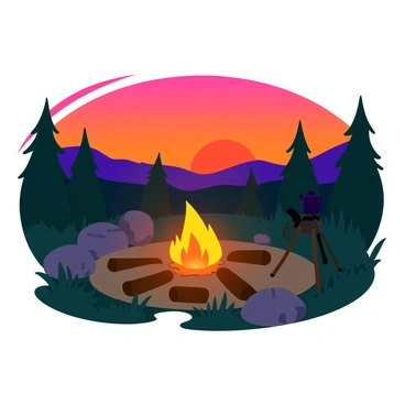A vibrant sunset with shades of orange, pink, and purple fills the sky. The sun is low on the horizon, casting warm light over a campsite in the wilderness. A crackling campfire glows brightly at the center, surrounded by several large rocks. In front of the fire, there are three wooden logs arranged for seating, and a kettle sits on a tripod over the flames. Scattered nearby are pine trees and a few tall grasses gently swaying in the evening breeze. A soft glow from the fire illuminates the surrounding area, creating a cozy atmosphere.