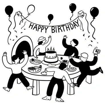 A cozy hobbit hole interior with a round wooden table set for a feast. "Happy Birthday" is written on a banner hanging above. Colorful balloons and streamers are adorning the ceiling, creating a festive atmosphere. Several hobbits are dancing around, with one holding a mug raised in celebration, while others are engaged in cheerful conversation. A large cake sits at the center of the table, surrounded by various plates of food and drinks. The warm light from a fireplace flickers in the background, illuminating the joyful scene.