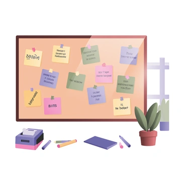 A brightly lit office space features a large corkboard filled with colorful sticky notes. Each sticky note displays different money management tips in clear, bold text. The notes come in various colors including yellow, pink, green, and blue, creating a vibrant visual. Some tips include quotes like "Save a percentage of your income" and "Create a budget plan." The board is surrounded by office supplies such as pens and a stapler, while a potted plant sits in the corner, adding a touch of green to the room. Sunlight streams in through a nearby window, illuminating the notes and enhancing the overall brightness of the scene.
