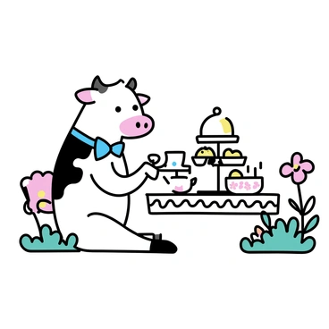 A cow with a white and black spotted coat, sitting at a small round table covered with a delicate lace tablecloth. The cow is holding a delicate china teacup with its hoof, while wearing a light blue bow around its neck. On the table, there are various pastries displayed on a tiered cake stand, alongside a teapot with floral patterns. Surrounding the table, there are vibrant green plants and colorful flowers, creating a cheerful garden atmosphere.