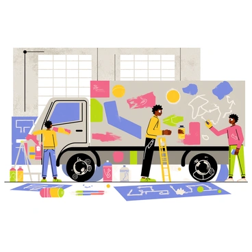 A large gray truck is positioned inside a city workshop, surrounded by tools and paint supplies. The truck is partially covered in vibrant urban art, featuring bold splashes of color, geometric shapes, and intricate graffiti designs. Artists are actively painting on the truck's side, using bright cans of spray paint. The workshop has concrete walls adorned with more street art, and large windows allow natural light to illuminate the scene. Various art tools, such as brushes and stencils, are scattered around the floor, emphasizing the creative atmosphere.