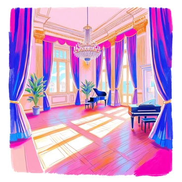 A grand ballroom features an expansive wooden floor with intricate patterns. Elegant chandeliers hang from the high ceiling, sparkling with numerous crystals. Flowing curtains in rich, deep colors frame the tall windows, gently billowing with a soft breeze. The walls are adorned with ornate moldings, and tall mirrors reflect the light from the chandeliers. In the corner, a grand piano sits, adding to the sophistication of the room. The atmosphere is filled with an air of elegance and opulence.