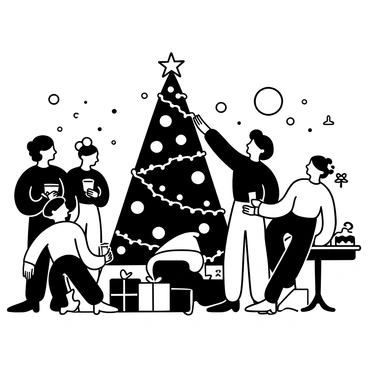 A group of people dressed in 1950s seasonal attire is gathered around a decorated Christmas tree. The tree is adorned with ornaments and lights, and presents are placed underneath it. Some individuals are holding drinks in festive glasses, while others are engaged in conversation. One person is hanging a garland on the tree, and another is placing a star on top of it. There are holiday decorations on the walls, and a table with an assortment of seasonal treats is set nearby. The atmosphere is lively and filled with the spirit of celebration.