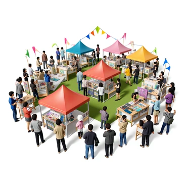 A vibrant art festival taking place in Nottingham, filled with colorful tents and stands displaying various artworks. Illustrators are showcasing their creations, with some pieces featuring bold colors and intricate designs. Attendees are gathered around, engaging in conversations with the artists, admiring the illustrations displayed on easels and tables. The atmosphere is lively, with people of different ages, some holding sketchbooks and others taking photos of the artwork. Bright flags and banners are fluttering in the breeze, adding to the festive ambiance.