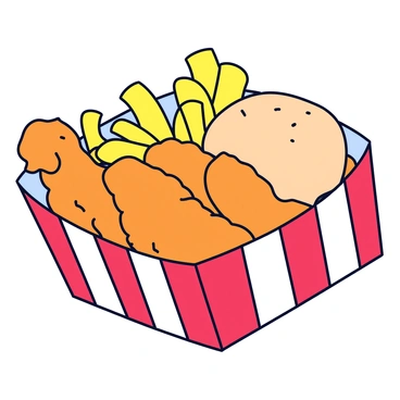 A close-up illustration of a KFC meal box. The box features the iconic red and white stripes. Inside the box, there are several pieces of crispy fried chicken, each with a golden-brown color and textured surface. Next to the chicken, there are golden fries, perfectly shaped and slightly glistening. On the side, there is a fluffy biscuit with a light golden crust, sitting comfortably within the box. The overall arrangement showcases the delicious components of the meal in a visually appealing manner.