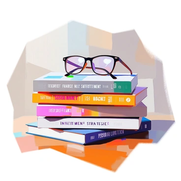 A stack of books about finance and investment is arranged neatly on a wooden desk. The books vary in color and size, featuring titles and covers that highlight topics such as "Stock Market Basics," "Investment Strategies," and "Personal Finance." Atop the stack, there is a pair of reading glasses with a sleek black frame, positioned slightly askew, as if they were just set down after reading. The desk has a warm, polished finish, adding a touch of elegance to the scholarly scene.