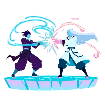 Two sorcerers from "Jujutsu Kaisen" are facing off in an intense magical duel. The first sorcerer, with spiky black hair and a determined expression, is channeling a swirling blue energy beam from his outstretched hand. The second sorcerer, with a long white coat and flowing silver hair, is retaliating with a bright orange energy beam, creating a striking contrast in the air. The background is filled with dynamic energy sparks and wisps of glowing magic swirling around them, while the ground below is cracked and glowing from the sheer power of their confrontation. The energy beams are colliding mid-air, generating an explosive burst of light and energy, emphasizing the intensity of their battle.