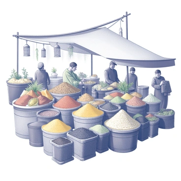 A bustling spice market filled with various baskets containing an array of spices and herbs. Each basket is overflowing with different textures and shapes, showcasing spices like cumin, coriander, and saffron in heaped piles. Delicate herbs are interspersed among the spices, adding to the market's vibrant atmosphere. Vendors are engaging with customers, showcasing their goods, while the air is filled with the rich, aromatic scents of the spices. The market is adorned with hanging decorations and fabric awnings, creating a lively and inviting environment.