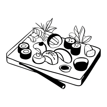 An elegant sushi platter displayed on a wooden board. The platter contains various types of sushi rolls with intricate designs, including some garnished with sesame seeds. There are slices of sashimi artfully arranged alongside the rolls. Delicate garnishes, such as thinly sliced radishes and vibrant green herbs, are placed around the sushi. The setting is completed with a small soy sauce dish and chopsticks laid beside the platter.