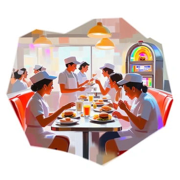 A lively mid-century diner scene filled with patrons enjoying their meals. Several waitresses wearing classic diner uniforms, complete with aprons and caps, are skillfully serving food and drinks to customers. A vintage jukebox is placed prominently in the corner, displaying colorful lights and surrounded by excited diners. The interior features checkered flooring, red vinyl booths, and shiny metal accents, creating a nostalgic atmosphere. Tables are filled with plates of burgers, fries, and milkshakes, capturing the essence of this bustling eatery.