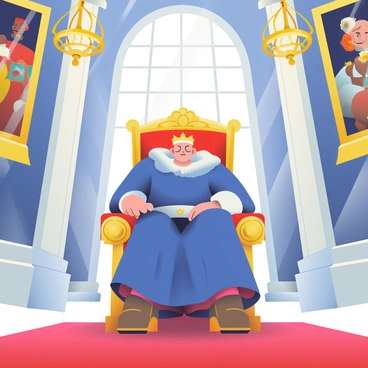 A majestic king with a tall stature and a regal crown is sitting on an ornate throne made of gold and adorned with intricate carvings. He is wearing a rich, royal blue robe lined with fur. The hall around him features high ceilings with large, arched windows allowing streams of light to enter. Elaborate tapestries hang on the walls, depicting historic battles. At the foot of the throne, a plush red carpet stretches across the floor, and golden chandeliers hang from the ceiling, illuminating the space with a warm glow. The king's expression is confident and commanding as he gazes over his domain.