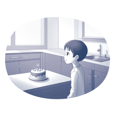 A child stands in a kitchen, gazing attentively at a small, lone cake placed on a countertop. The cake is simple in design, with smooth frosting and a few decorations on top. The kitchen features wooden cabinets, a shiny sink, and an empty space around the child, emphasizing the silence. The child has an expression of curiosity and wonder, with wide eyes focused on the cake. Soft lighting from a nearby window casts gentle shadows, enhancing the stillness of the scene.