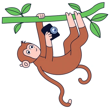 A monkey with brown fur is hanging upside down from a green tree branch. The monkey is curiously examining a small camera placed on the branch. The camera is black and has a shiny lens reflecting light. Lush green leaves surround the scene, adding to the natural setting. The monkey's eyes are focused on the camera, showcasing its curiosity.