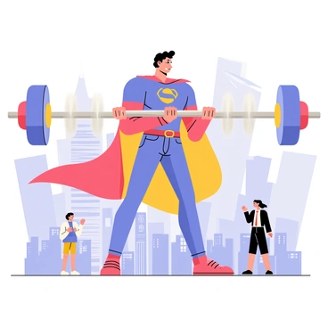 A superhero with a muscular build wearing a bright blue and red costume is lifting an enormous silver barbell effortlessly. The barbell's ends are loaded with large, colorful weights that stand out against the cityscape. The superhero's cape billows dramatically in the wind, and they sport a confident smile. In the background, a bustling city with tall buildings and a clear sky can be seen, adding to the dynamic scene. People on the streets below watch in awe as the superhero demonstrates their incredible strength.