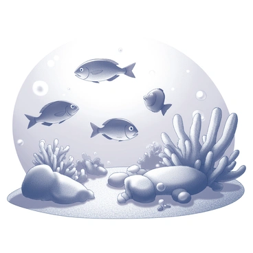 An underwater scene showcasing various types of fish swimming among coral reefs. The fish display different shapes and sizes, while the coral formations are intricate, with branching and bulbous structures. Sunlight filters through the water, creating patterns on the sandy ocean floor. Bubbles rise from the fish, adding to the lively atmosphere of the underwater environment.