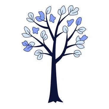 A tall tree with a sturdy trunk and a wide canopy. The branches spread out in different directions, each adorned with leaves that are shaped like various sizes and forms of fourchettes. Some leaves are small and delicate, while others are larger and more pronounced. The tree stands against a minimalistic background.