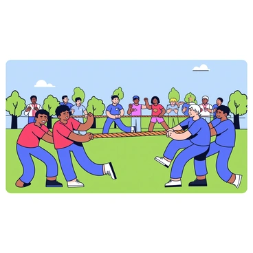 Two teams are engaged in a friendly game of tug of war. One team consists of four players, all wearing matching red t-shirts. The second team also has four players, dressed in blue t-shirts. Each team is pulling on a thick, brown rope that stretches between them. The players are showing determination on their faces, with some leaning back to gain leverage. The game is taking place on a grassy field with a few trees in the background, and the sky above is clear and blue. There is an excited crowd watching the match, with some people cheering and clapping.