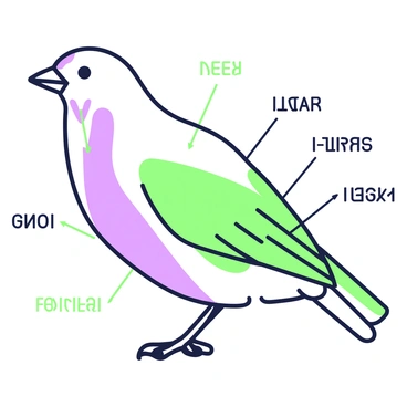 An illustration of a bird's anatomy is displayed on a white background. The bird is shown in profile, showcasing its features clearly. Each part of the bird is labeled with precise terminology. The labels include "beak," "wing," "feather," "tail," "claw," and "body." Detailed outlines highlight the structure of the bird, emphasizing the curvature of the wings and the texture of the feathers. The internal organs are depicted in a separate section, with labels for the "heart," "lungs," "liver," and "digestive tract." Arrows connect the labels to their corresponding parts for clarity.